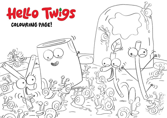 A Hello Twigs colouring page that feature black outline drawings of the characters