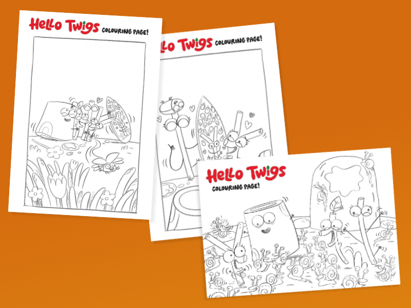 A composite image showing three colouring pages featuring the characters from Hello Twigs