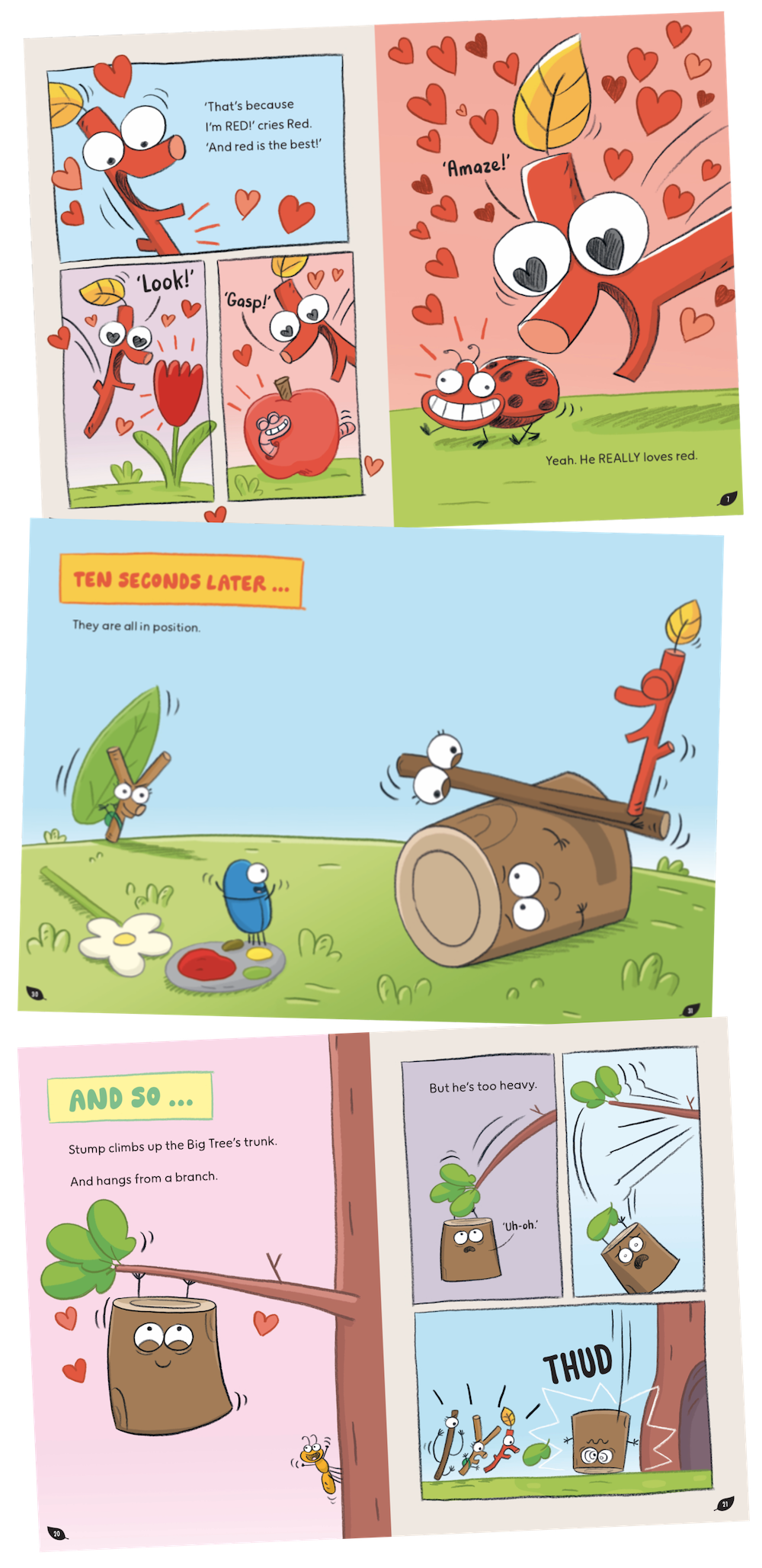 Three sample spreads from inside Hello Twigs books. The samples show minimal text and bright, colourful illustration of the twigs having adventures.